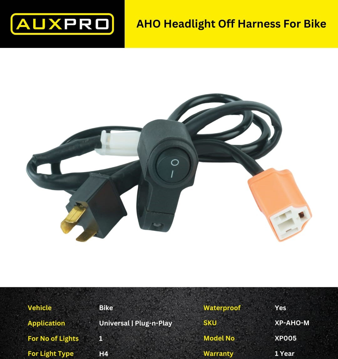 AUXPRO AHO Headlight Off Harness for Bikes – Universal Plug-n-Play with Metal Switch | 1 Year Warranty