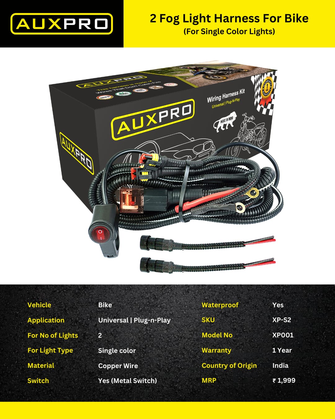 AUXPRO Universal Fog Light Wiring Harness for Motorcycle – Plug & Play, 480W, 1-Year Warranty