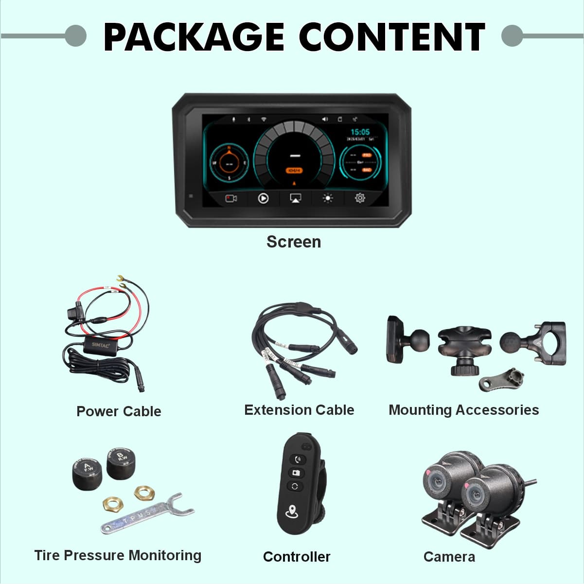 SIMTAC M8DT Complete Package – Navigation Display, Dual Cameras, TPMS Sensors, Remote Control, Mounting Hardware | MotoARZT