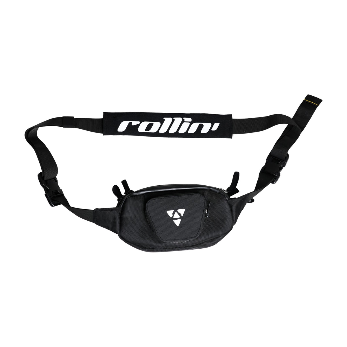 Shift-Pack_MAIN_1x1: Square product photo of the black Rollin’Denims Shift-Pack fanny pack with branded waist strap, at MotoARZT.