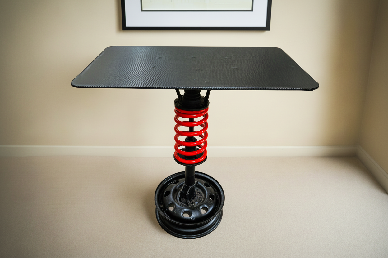 Motorcycle suspension table with red coil spring and carbon fiber top - Premium automotive furniture for garage or man cave