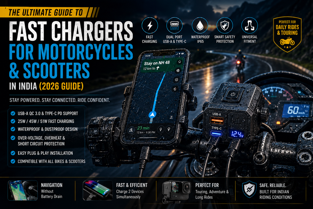 Best fast chargers for motorcycles and scooters in India 2026 — Simtac RapidRide USB Type-C PD and QC 3.0 waterproof bike charger complete guide by MotoARZT