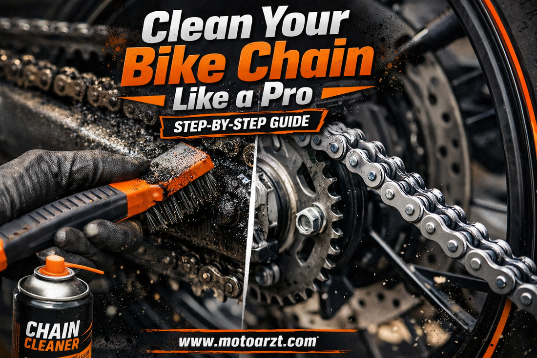 Cleaning a motorcycle chain using brush and chain cleaner showing before and after results for proper maintenance