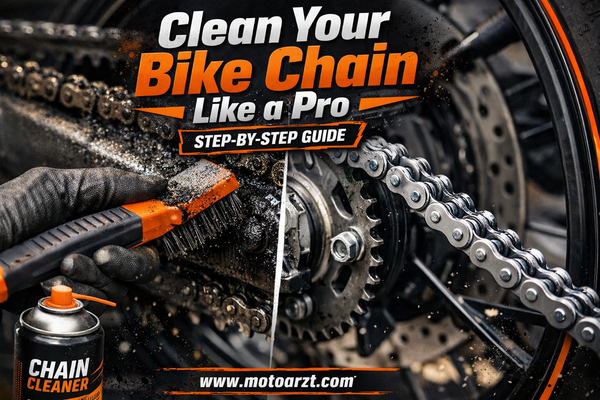 Motorcycle chain cleaning step-by-step guide — brush, chain cleaner, and lubricant for home maintenance | MotoARZT