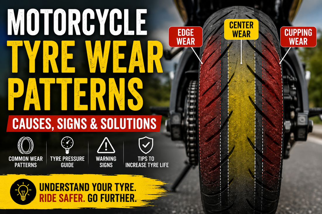 Motorcycle tyre wear patterns explained infographic showing center wear, edge wear, cupping wear, tyre pressure guide, and motorcycle tyre maintenance tips