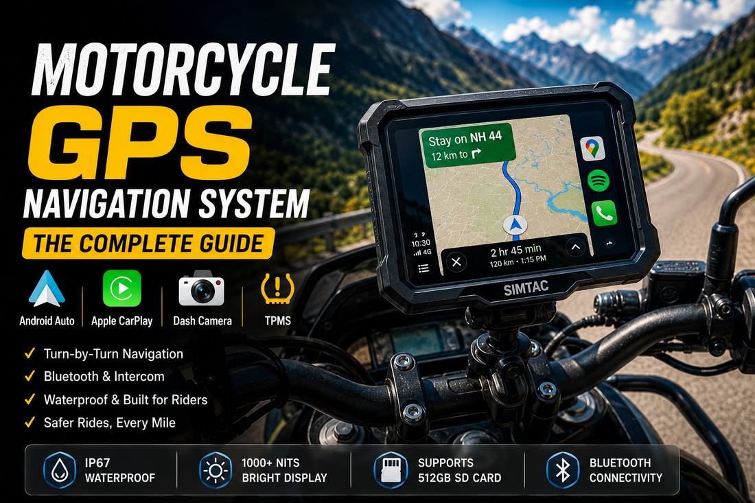 Motorcycle GPS navigation system with Android Auto, Apple CarPlay, TPMS, and dash cameras for touring and everyday riders.