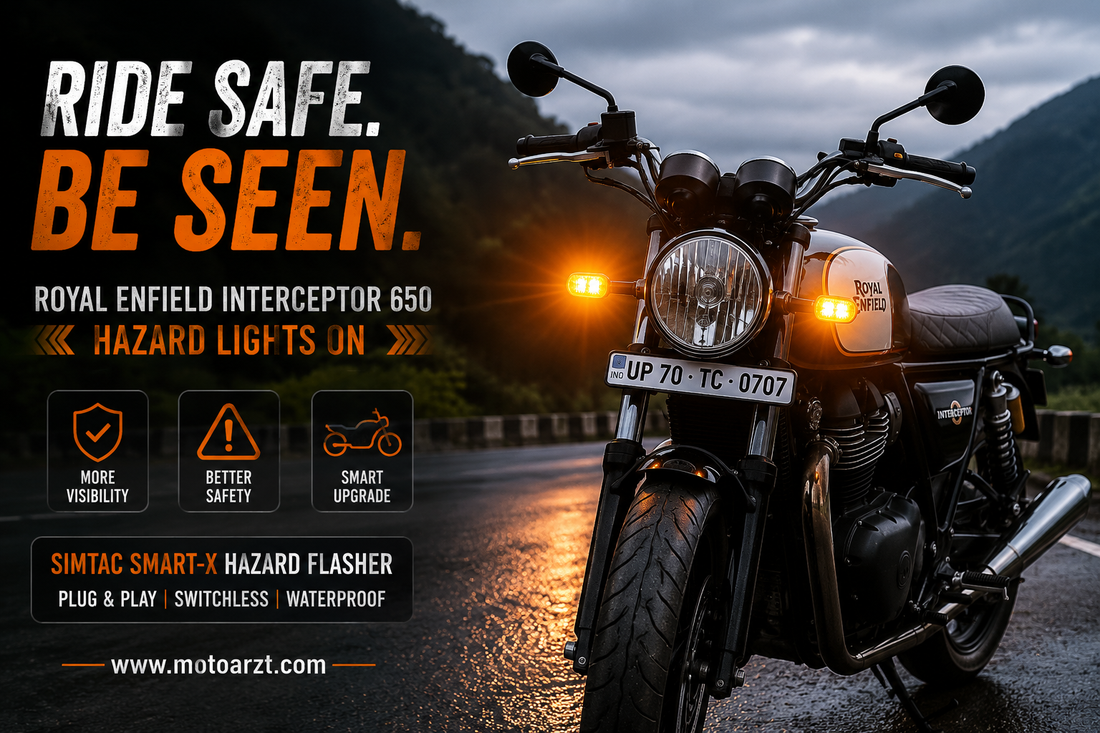 Royal Enfield Interceptor 650 with hazard lights activated, showcasing a plug-and-play motorcycle hazard flasher for improved visibility and rider safety.