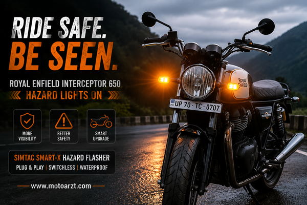Royal Enfield Interceptor 650 with hazard lights activated, showcasing a plug-and-play motorcycle hazard flasher for improved visibility and rider safety.