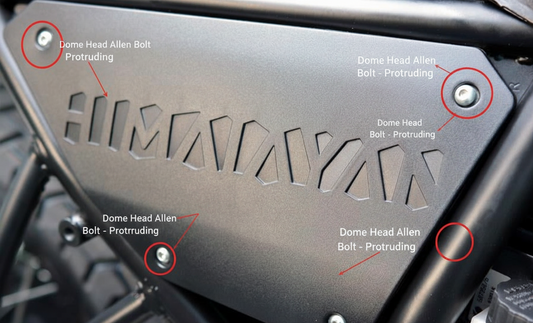 Royal Enfield Himalayan 411 side panel showing stock dome head Allen bolt protruding from panel surface - upgrade comparison