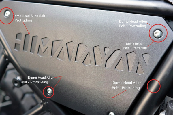 Royal Enfield Himalayan 411 side panel showing stock dome head Allen bolt protruding from panel surface - upgrade comparison