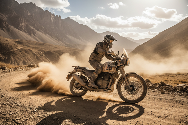 Royal Enfield Himalayan 411 motorcycle riding on dusty mountain road - Power loss troubleshooting guide