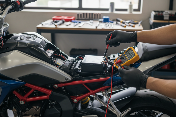 Motorcycle battery maintenance with digital multimeter testing for parasitic draw