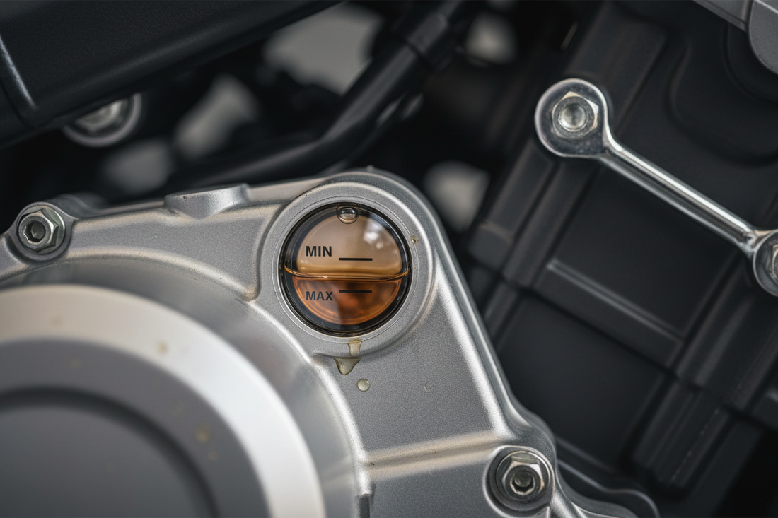 Motorcycle oil sight glass showing overfill level above maximum mark with warning indicators