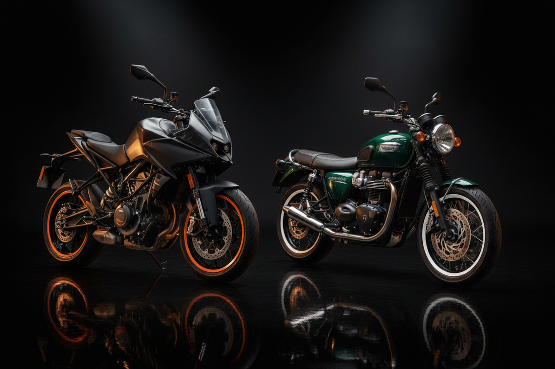 Orange and white wall Portawall tyre inserts on a sport bike and vintage motorcycle side by side | MotoARZT