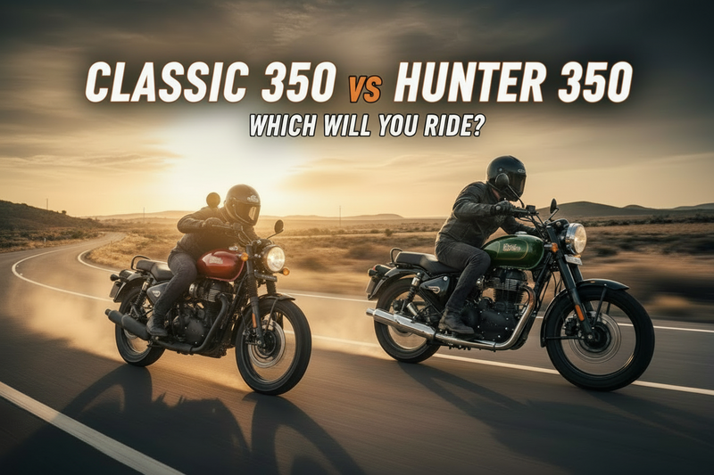 Royal Enfield Classic 350 vs Hunter 350 comparison - detailed guide covering performance, design, weight, price and riding experience
