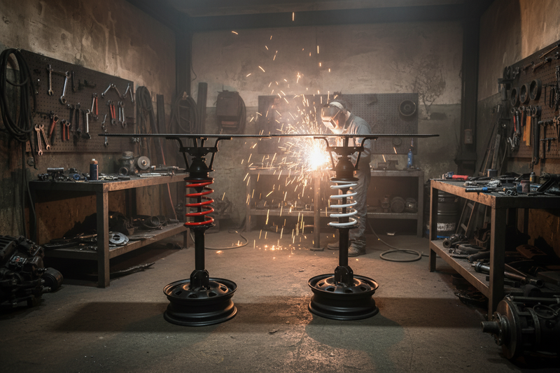 Automotive man cave table made from real shock absorber and wheel rim - industrial garage furniture with welding workshop background - car parts coffee table ideas