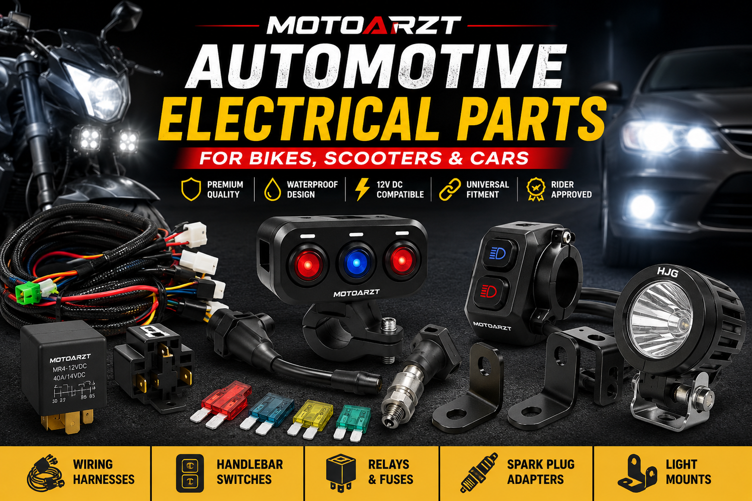Automotive electrical parts for motorcycles, scooters and cars including wiring harnesses, handlebar switches, relays, fuses, spark plug adapters, auxiliary light mounts and LED lights by MotoARZT.