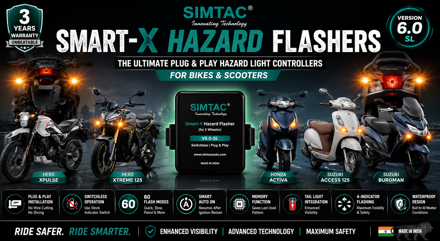 Simtac Smart-X Hazard Flashers for Bikes and Scooters Plug and Play Switchless Hazard Light Controllers with 60 Flash Modes and 3 Year Warranty