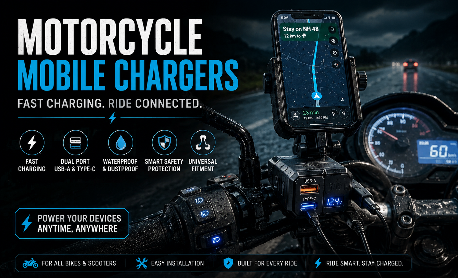Motorcycle mobile chargers collection banner featuring a waterproof dual-port USB-A and Type-C fast charger mounted on a motorcycle handlebar with smartphone navigation during a rainy night ride.