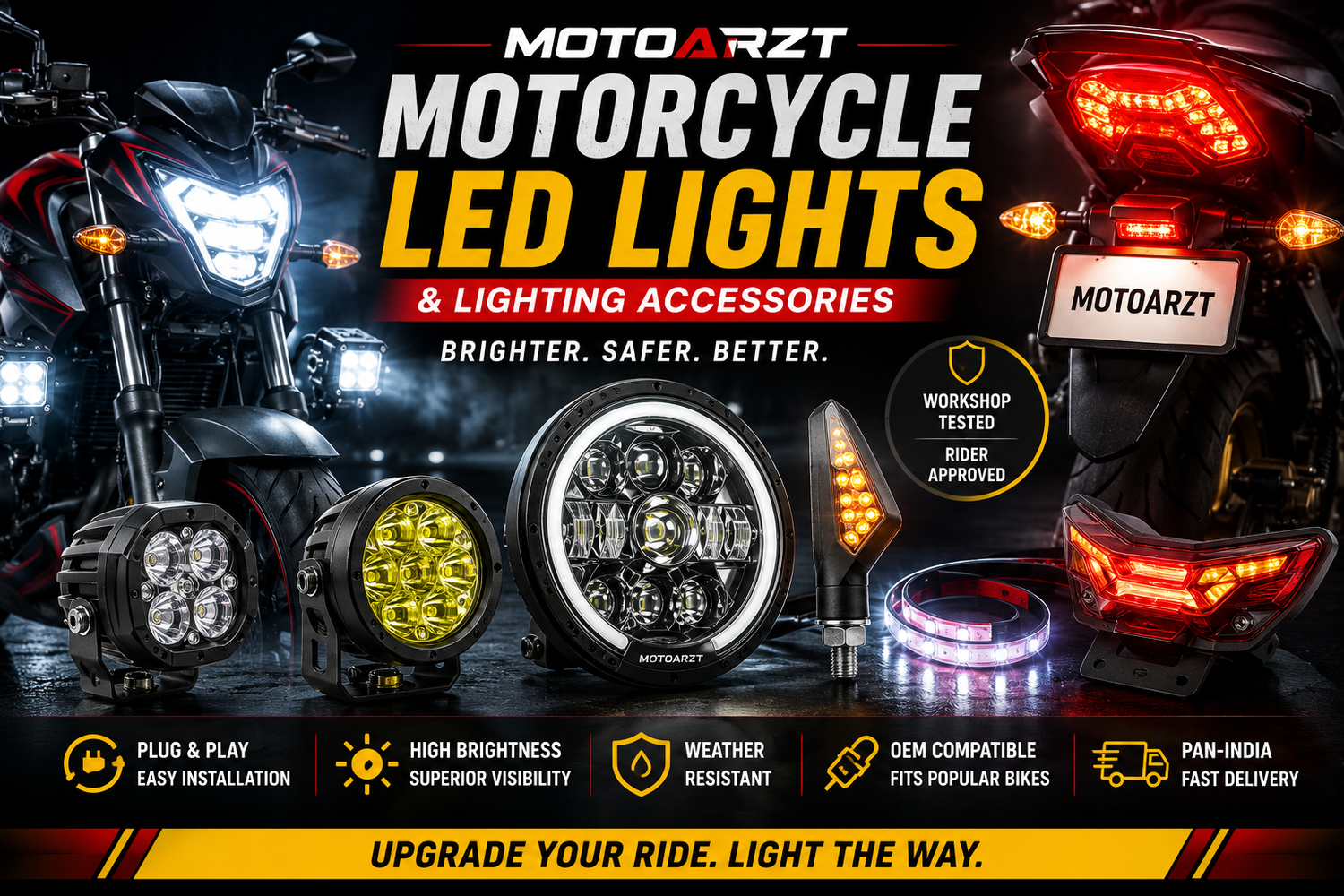 MotoARZT motorcycle LED lights and lighting accessories collection featuring LED headlights, fog lights, auxiliary lights, tail lights and projector lights for motorcycles and scooters.