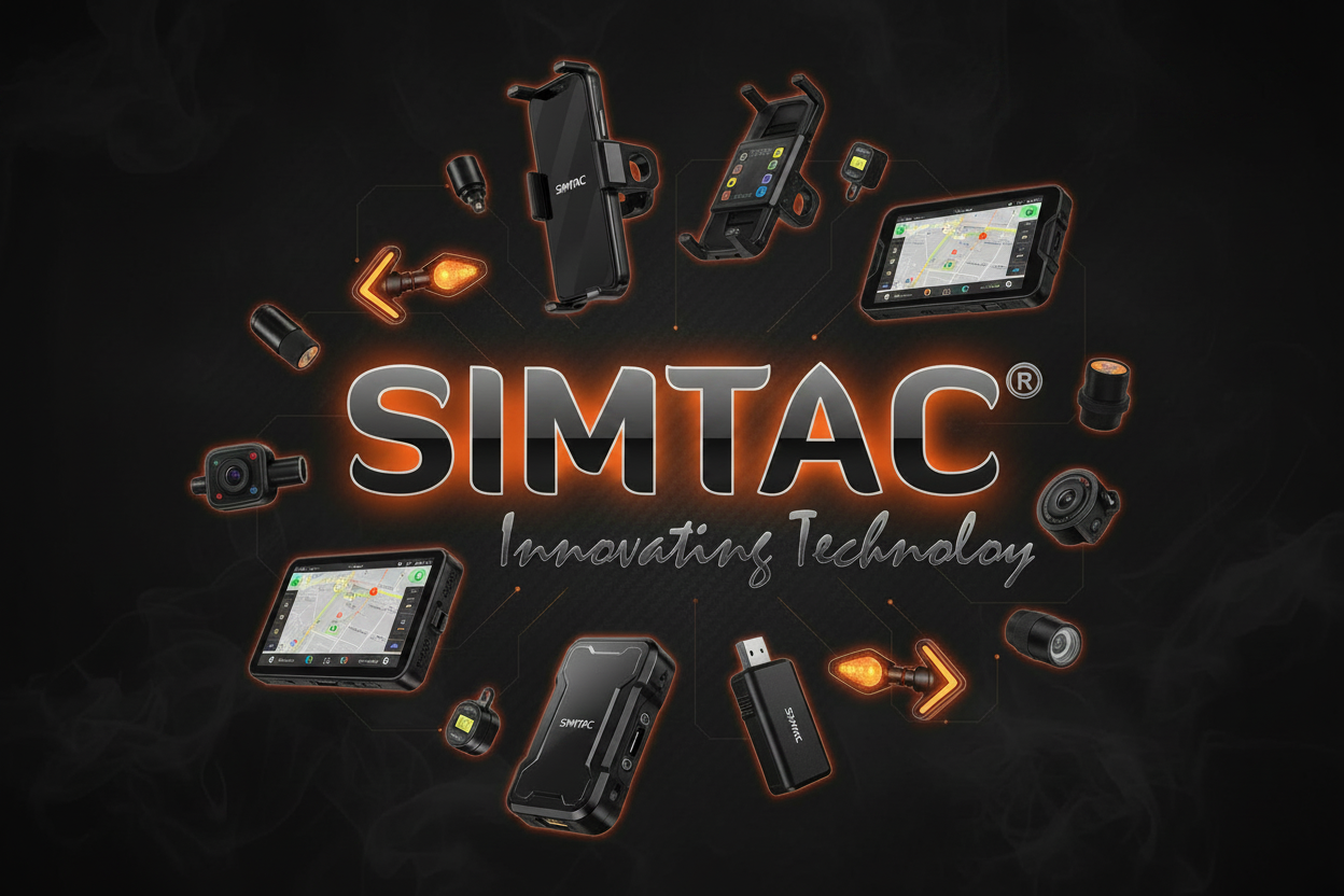 SIMTAC motorcycle electrical accessories collection - LED bulbs, USB chargers and mobile holders on dark premium background