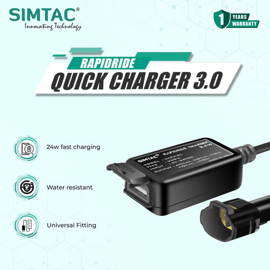 SIMTAC RapidRide Quick Charger 3.0 with features listed on a white background | MotoARZT