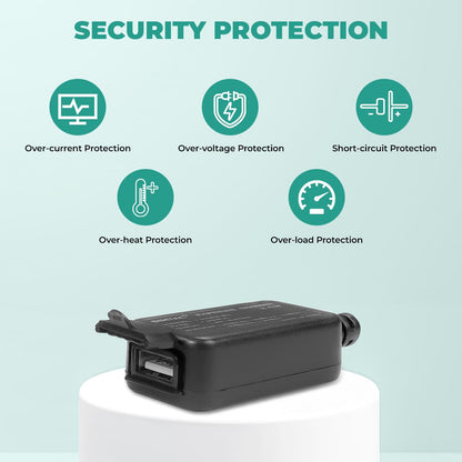 Black Simtac electronic device with USB port on a white base, featuring icons and text about security protection on a light blue background. | MotoARZT