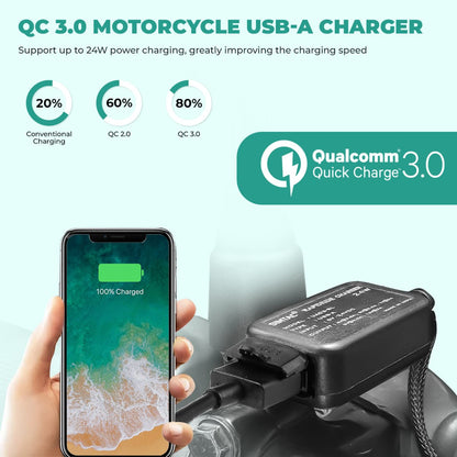 QC 3.0 motorcycle USB-A charger with smartphone charging display on a light green background | MotoARZT