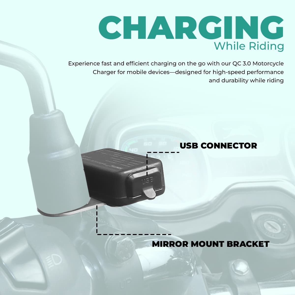 Simtac bike charger QC 3.0 installed on motorcycle handlebar universal fit | MotoARZT
