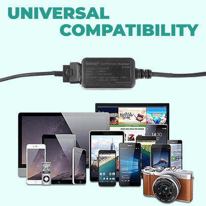 Simtac Universal compatibility charger with electronic devices on a light blue background | MotoARZT