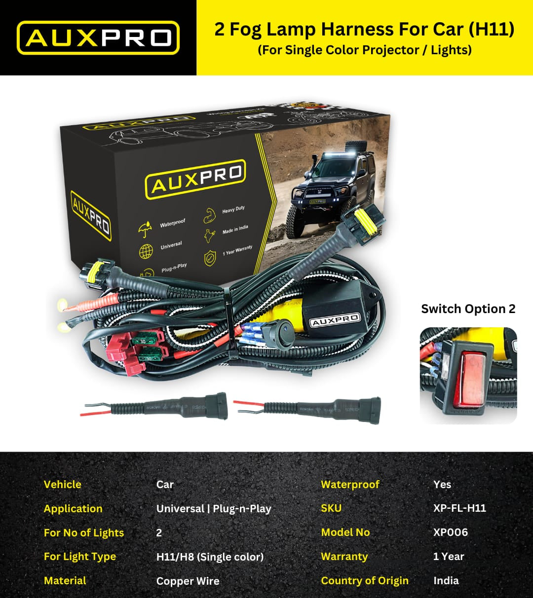AUXPRO Dual/Two Lamp Harness for Car – Universal Fit (H8, H9, H10, H11, 880, 881, 890, 891, 800, 802) Fog & Projector Light Wiring with LED Switch | 1-Year Warranty