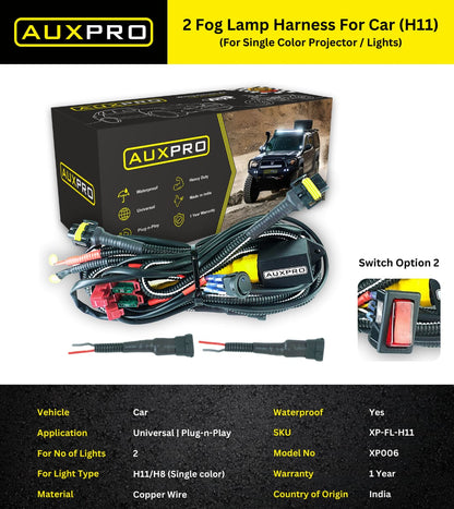 AUXPRO Dual/Two Lamp Harness for Car – Universal Fit (H8, H9, H10, H11, 880, 881, 890, 891, 800, 802) Fog & Projector Light Wiring with LED Switch | 1-Year Warranty