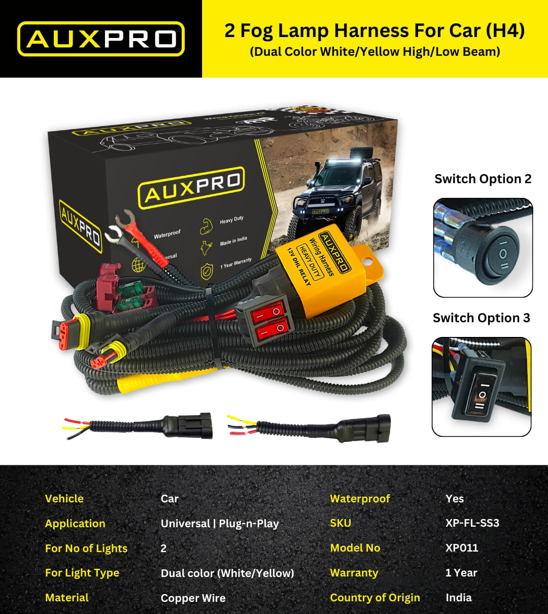 AUXPRO Fog Lamp Wiring Harness Kit for Cars – Dual Switch for Dual Color Lights (White & Yellow), Supports High/Low Beam, Compatible with LIU HJG & Fog Lights | 1-Year Warranty