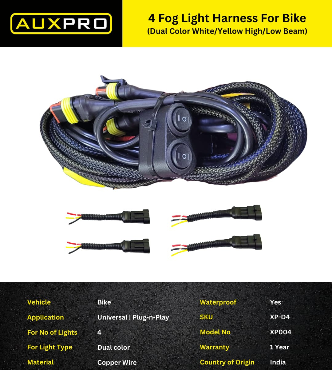 AUXPRO Four Fog Light Harness for Bikes – Dual Color (White/Yellow) with High/Low Beam Switchable