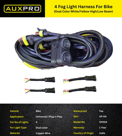 AUXPRO Four Fog Light Harness for Bikes – Dual Color (White/Yellow) with High/Low Beam Switchable