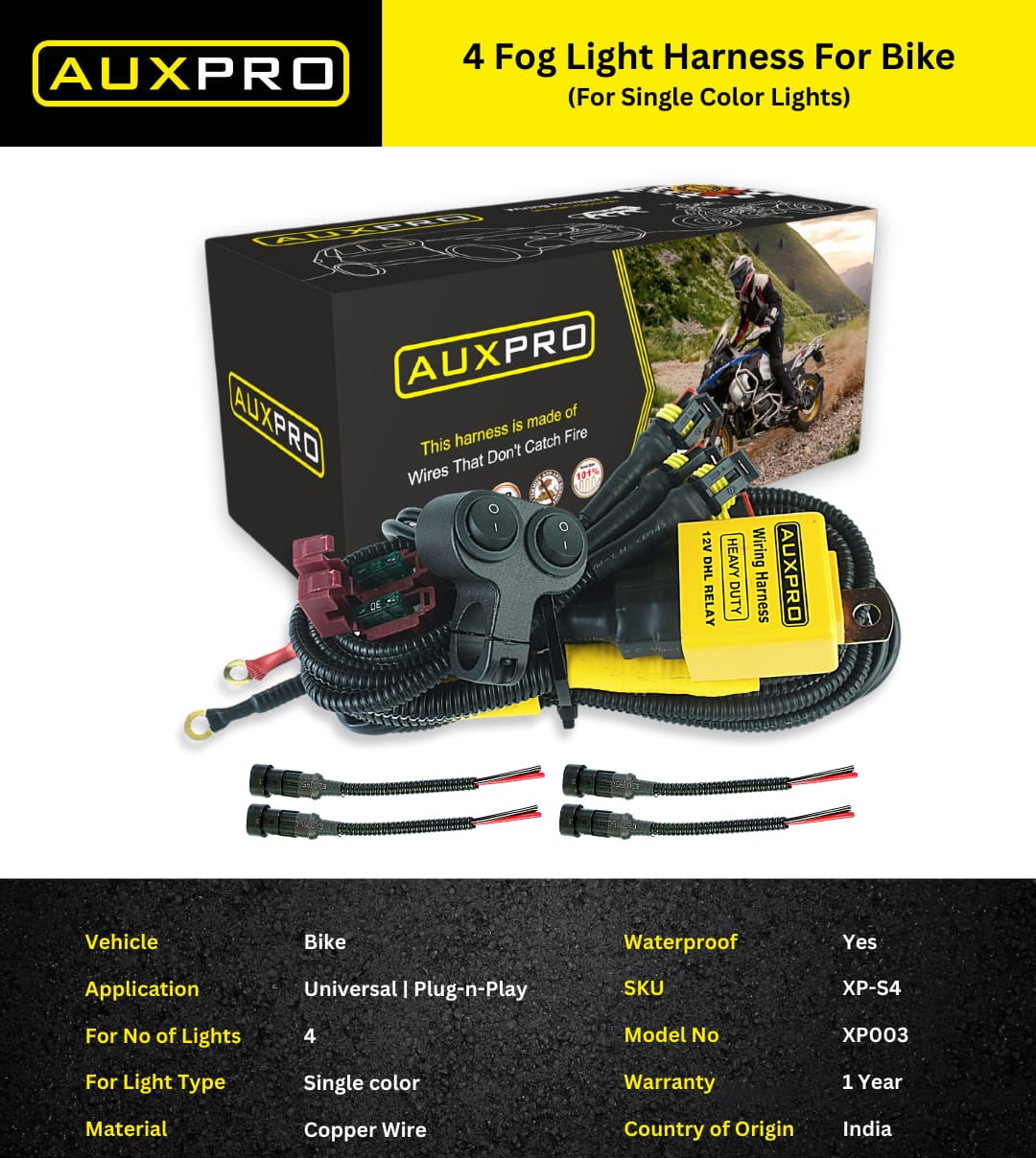 AUXPRO Four Fog Light Wiring Harness for Bikes (For Single Color Lights) – Single Color, Plug & Play, 1-Year Warranty