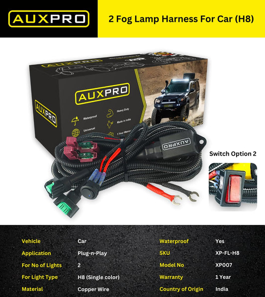 AUXPRO H8 Fog Lamp Wiring Harness Kit – Compatible with H3 & H1 Bulbs, Plug-and-Play Installation with Switch, Durable Copper Design | 1-Year Warranty