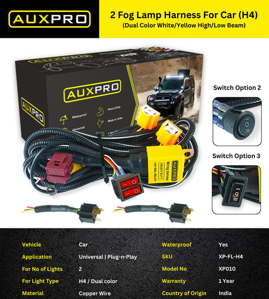 AUXPRO Two/Dual Fog Lamp Wiring Harness for Car | H4 Bulb Type | Dual Color White/Yellow with High/Low Beam Switchable