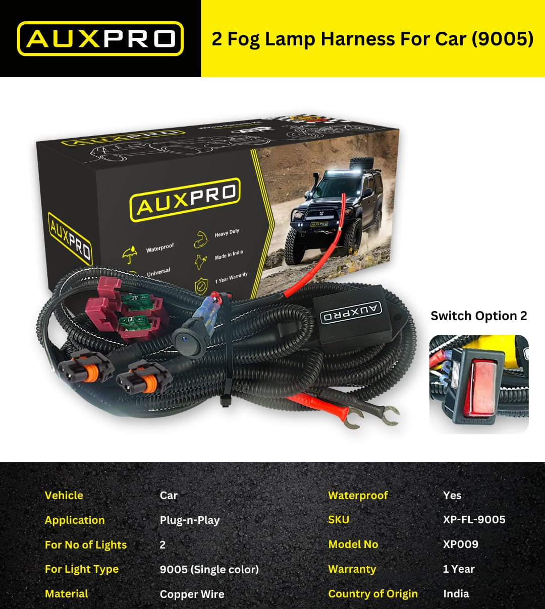AUXPRO Two Fog Lamp Harness/Wiring for Car – 9005 Bulb Type | Heavy-Duty Fog Light Wiring Kit