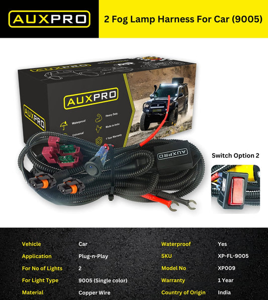 AUXPRO Two Fog Lamp Harness/Wiring for Car – 9005 Bulb Type | Heavy-Duty Fog Light Wiring Kit