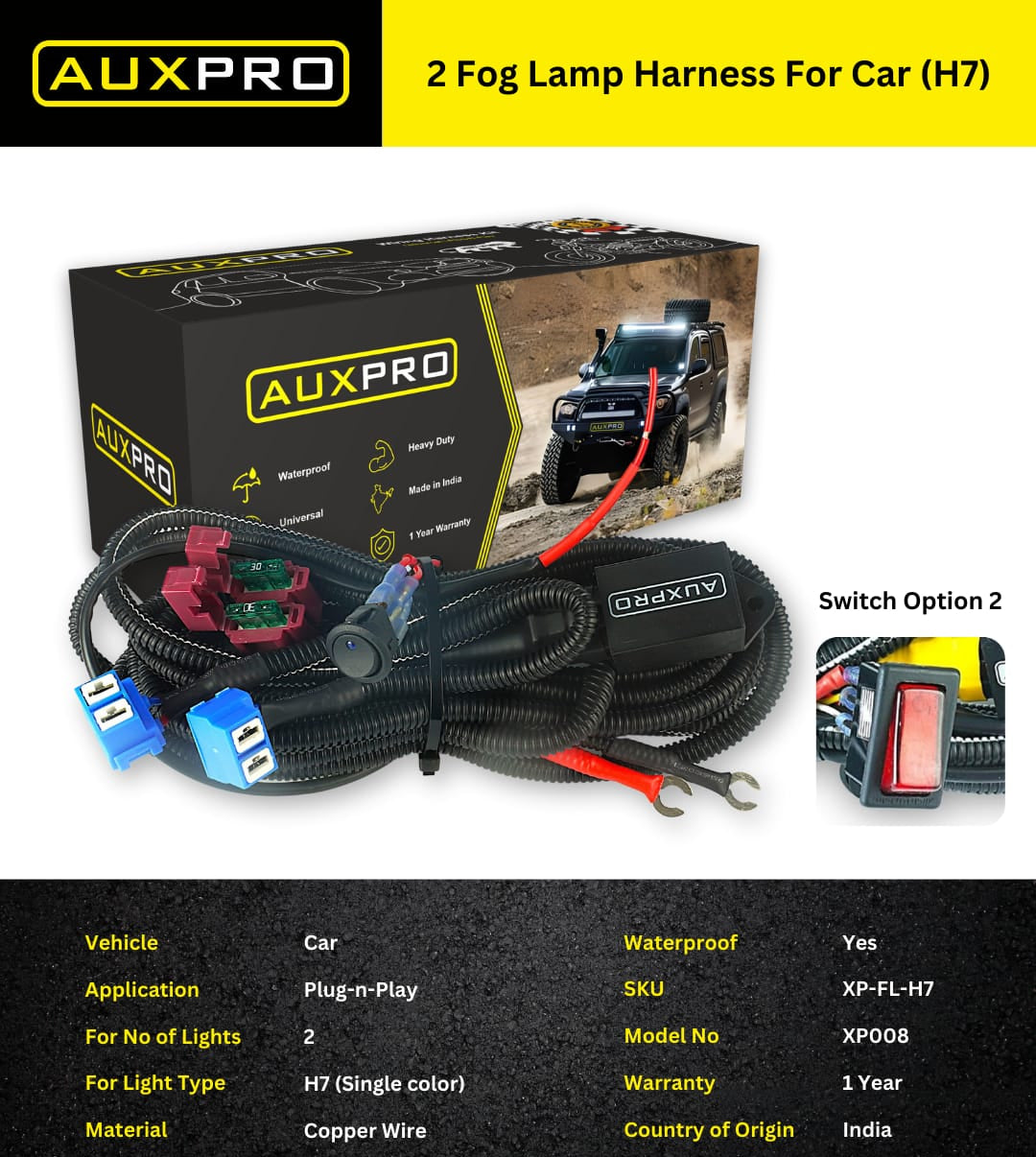 AUXPRO Two Fog Lamp Wiring Harness for Car (Compatible with H7 Bulb Type)