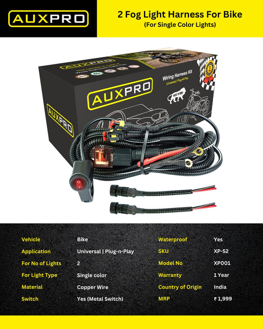 AUXPRO Universal Fog Light Wiring Harness for Motorcycle – Plug & Play, 480W, 1-Year Warranty