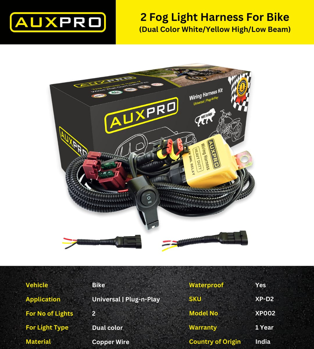 Auxpro Fog Light Wiring Harness Kit for Bike | Switch Included | Compatible with White/Yellow & High/Low Beam Lights