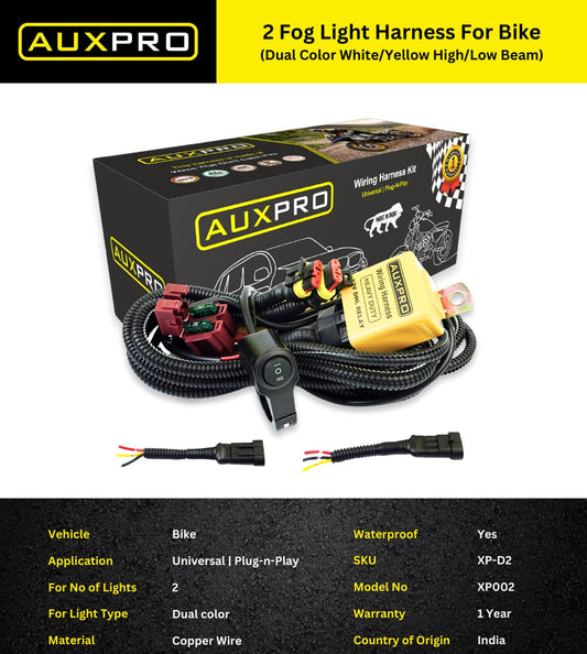 Auxpro Fog Light Wiring Harness Kit for Bike | Switch Included | Compatible with White/Yellow & High/Low Beam Lights