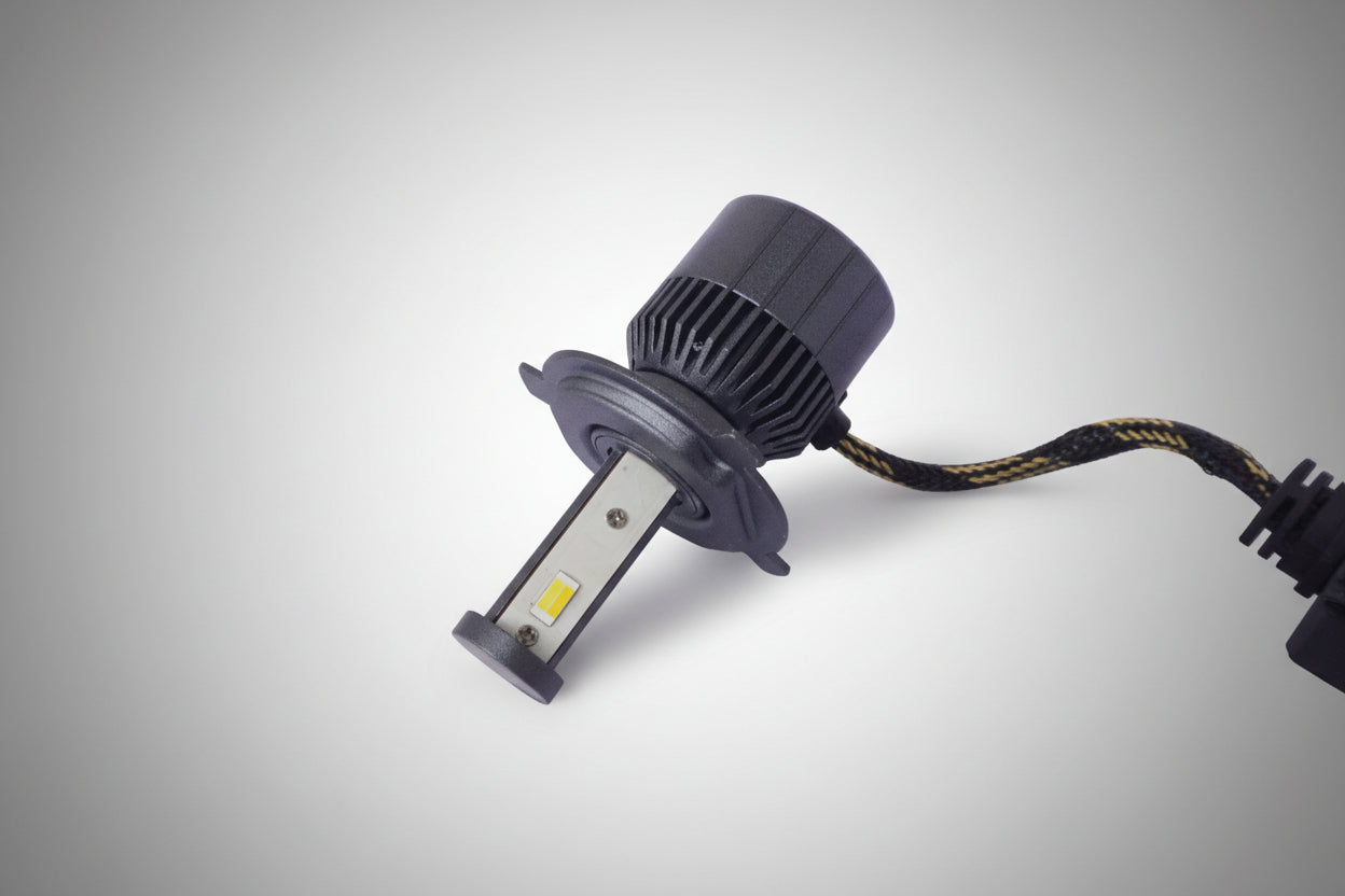 Close-up of LIU HJG H4 LED bulb showing dual color white and yellow LED chips