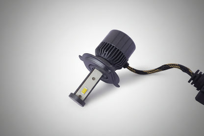 Close-up of LIU HJG H4 LED bulb showing dual color white and yellow LED chips