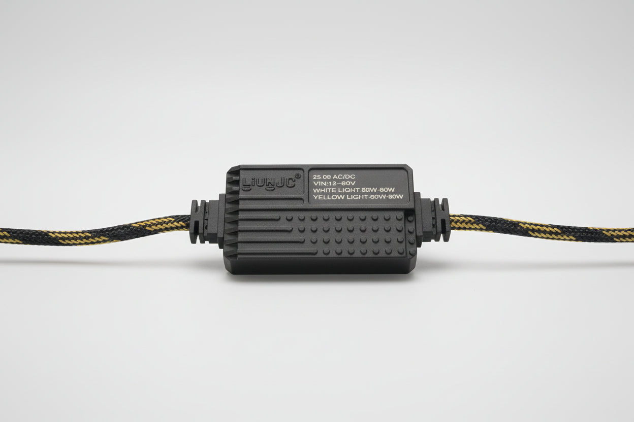 Black electronic component with text on a white background