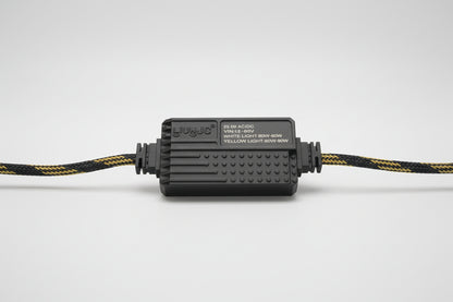 Black electronic component with text on a white background