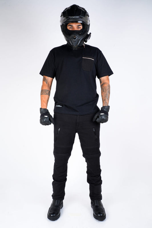 Front view of a model wearing Rollin’Denims Genesis 2.0 CORE-X Jet Black riding jeans