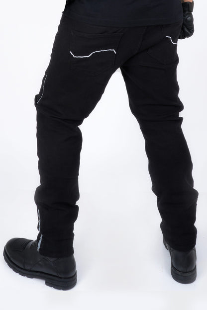 Rear view of Genesis 2.0 Jet Black riding jeans showing contrast detailing on the back pockets and lower legs | MotoARZT